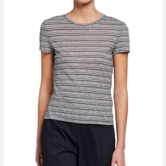 New Theory Tiny Tee 2 Striped Linen Jersey White/Deep Navy Tee K0423513 Medium - Picture 3 of 11